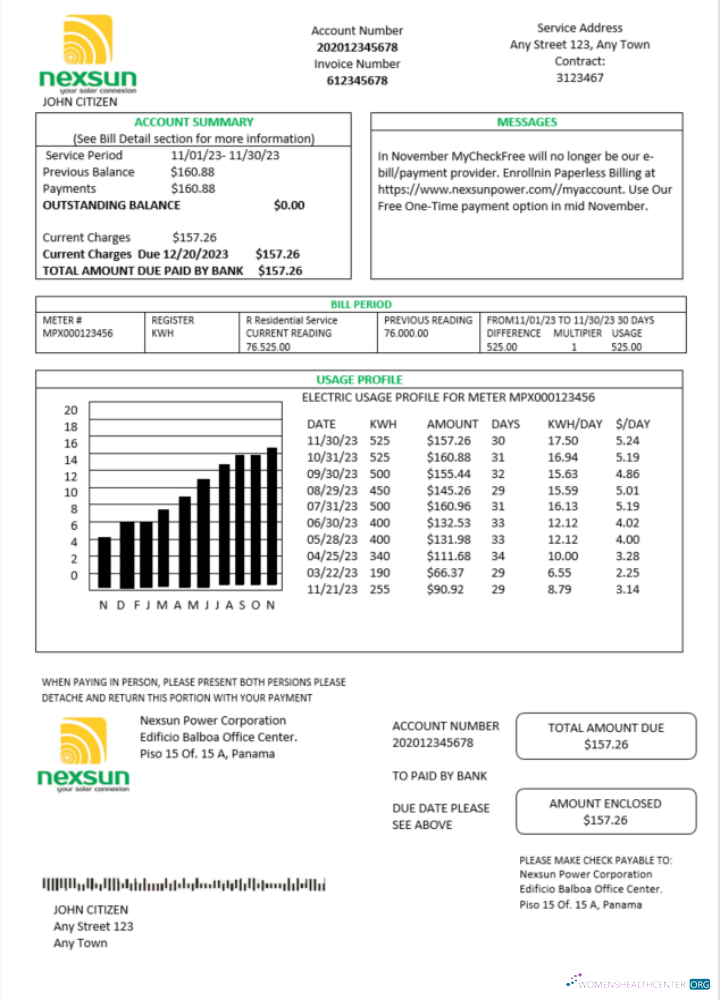 download Panama Nexsun Power Corporation electricity utility bill Word and PDF template PDF template